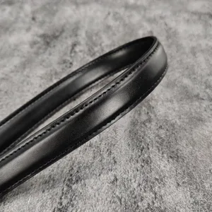 Classic black leather belt strap featuring neat edge stitching, minimalist and elegant design.