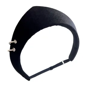 Elegant vintage black velvet crown headband with silver rings and adjustable elastic strap