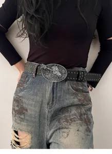 Retro wasteland style distressed horse head buckle belt with metal studs for trendy outfits