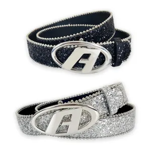 Fashion PU Leather Sequin Belt Women Waist Belt Shiny Letter A Metal Buckle Casual Jeans Dress Belt Punk Style