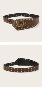 Detailed view of the vintage wide leather belt with double prong buckle and metal eyelets.