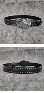 Close-up detail of vintage wasteland style black leather belt with silver horse buckle.