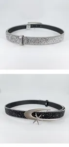 Close-up detail of the sparkling glitter belt with unique metallic buckle and bead edges.
