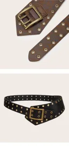 Y2K punk style wide leather belt with double pin buckle and metal eyelets, retro distressed brown design.