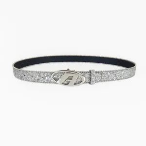 Trendy silver glitter belt with a stylish oval A letter metal buckle for women denim jeans.