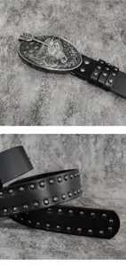 Closeup details of the vintage wasteland style punk leather belt with horse head buckle and silver metal studs.