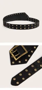 Detailed view of women's vintage double pin buckle black belt with eyelet studs for Y2K outfits.
