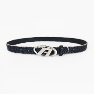 Black glitter belt with silver oval A letter buckle, stylish accessory for jeans and dresses.