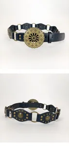 Vrouwen vintage bohemien taille riem zwart leer punk klinknagel retro metaal bloem gesp
