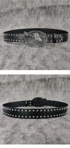 Wasteland style vintage horse head buckle leather belt with metal studs for trendy outfits.