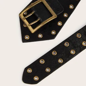 Retro women's wide black belt with vintage brass double prong buckle and double eyelets Y2K
