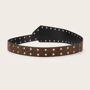 Vintage brown grommet leather belt women Y2K punk double row eyelet wide waist strap