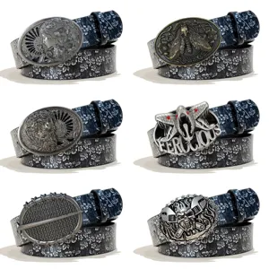 Ceinture en Cuir PU Gaufré Punk Vintage Hommes Femmes Boucle Relief Alliage Argent 3.8cm Ceinture Casual Jeans
