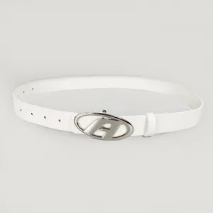 White leather belt with silver tone oval metal buckle stylish accessory for jeans and dresses