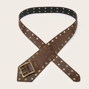 Retro brown double grommet belt women punk Y2K waist strap wide fashion leather belt.