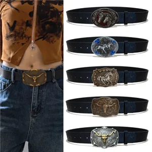 Women Vintage Western Cowboy PU Leather Belt Floral Embossed Strap With Metal Horse Bull Head Buckle Fashion Jeans Belt