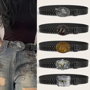 Vintage Punk Waist Belt For Men Women Retro Animal Buckle PU Leather Strap Metal Studs Fashion Waistband Jeans Dress