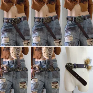Ceinture Large de Taille Rétro Y2K en Fausse Fourrure et Cuir PU pour Femmes Ceinture Corset Creuse en Métal Rétro Ceinture Gothique Punk