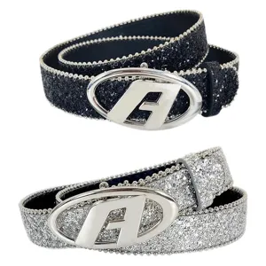 Trendy sequin belt with stylish oval A letter buckle, sparkling glitter strap, versatile fashion accessory.