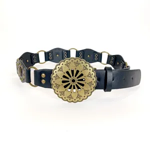 Retro boho dames zwart lederen riem met opvallende metalen gesp voor trendy look