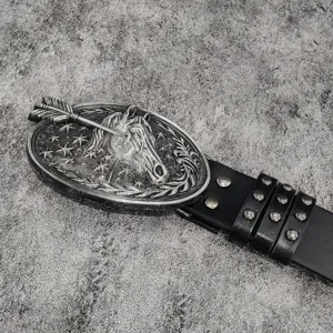 Vintage wasteland style leather belt with ornate horse head metal buckle for men and women.