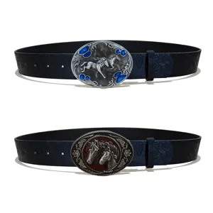 Women vintage western horse buckle embossed leather belt stylish jeans waist accessory