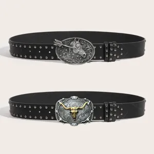 Vintage punk style leather belt with metal stud decoration and unique animal buckle for fashion