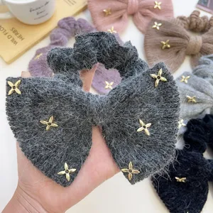Winter Pluche Gebreide Strik Haarelastiekje Met Ster Metaal Decor Strass Zoete Grote Scrunchie Zachte Paardenstaart Houder Dames Haaraccessoires
