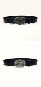 Ceinture en cuir gaufré style vintage avec boucle de croix argentée pour hommes et femmes.