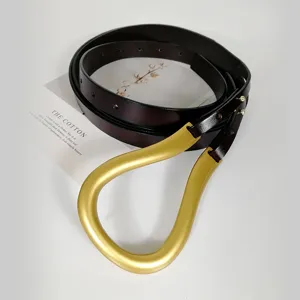 Women genuine leather belt with gold horseshoe buckle stylish waist accessory for coat dress