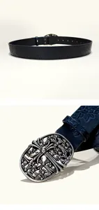 Gros plan sur les détails de la ceinture en cuir gaufré style rétro avec boucle en métal croix.