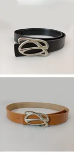 Women's minimalist leather belt with unique silver buckle, split cowhide casual jeans belt.