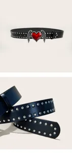 Y2K gothic punk leather belt featuring a red heart angel wings buckle and double studded strap for women