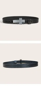 Punk rock style black leather belt with metal cross buckle and cool studded design for hip hop.