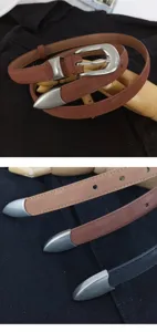 Women's fashion suede leather belt with metal buckle and tip, perfect for dresses and jeans.