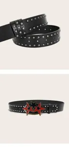 Punk rock style black leather studded belt featuring a striking red and black star buckle.
