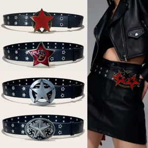 Punk Y2K Women Black PU Leather Belt Metal Pentagram Buckle Rivet Waist Belt Streetwear Jeans Pants Accessories