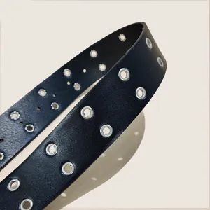 Black leather grommet belt punk style double eyelet waist belt for women jeans skirt.