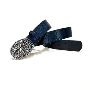 Ceinture en cuir gauffree style western avec boucle croisee argentee pour hommes et femmes
