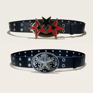 Punk style black leather belt with metal star buckles and eyelet rivets, y2k chic.