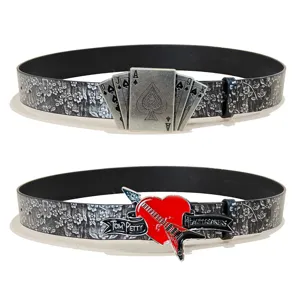 Vintage punk style PU leather belt with unique metal buckle, retro embossed design unisex.