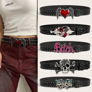 Women's Punk Y2K Heart Wings Rivet PU Leather Belt Hip Hop Streetwear Waist Belt