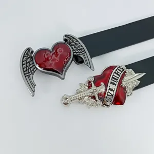 Y2K gothic black leather belt with red heart wing and dagger buckle for women edgy style