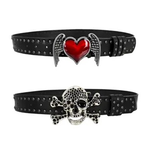 Y2K punk women leather belt with red heart angel wings and rhinestone skull buckle.