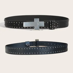 Punk rock style black leather belt with metal studs and striking silver cross buckle design.