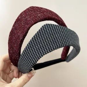 Serre-tête en Tweed Couronne Vintage pour Femmes Élégant Bandeau Matelassé en Tissu Réglable Rétro Accessoires Cheveux