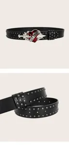 Ceinture en cuir noir style punk avec boucle cœur poignard rouge et rivets pour femmes.