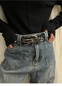Gothic skeleton hand buckle rivet leather belt for men and women, dark style accessory.