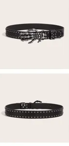 Black punk rock leather belt with metal studs and unique skeleton hand buckle design.