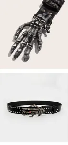 Gothic punk black leather belt with silver skeleton hand buckle and metal studs for men and women
